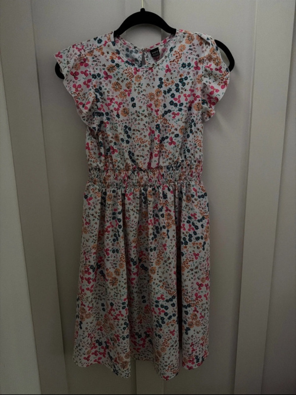 SHEIN White Floral Smocked Waist Casual Dress with Pink & Teal Accents
